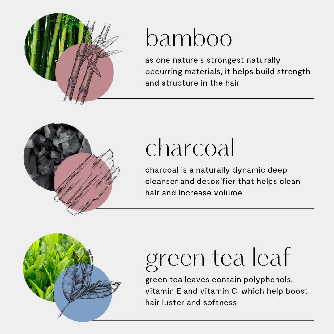 Ingredients in dry shampoo: bamboo for strength, charcoal for cleansing, and green tea leaf for luster and softness.