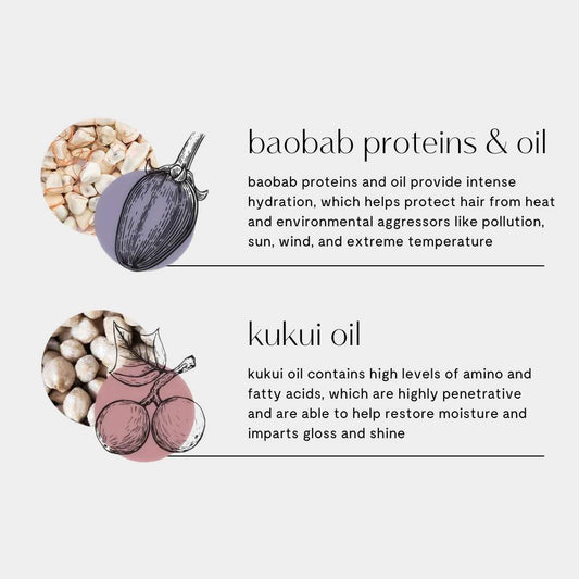 Ingredients in shine mist: boabob proteins & oil for strength and structure, and kukui oil for gloss and shine.